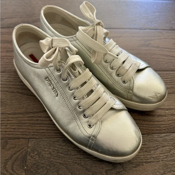 Prada Women's Metallic Silver Sneakers Size 38 - Picture 1 of 12